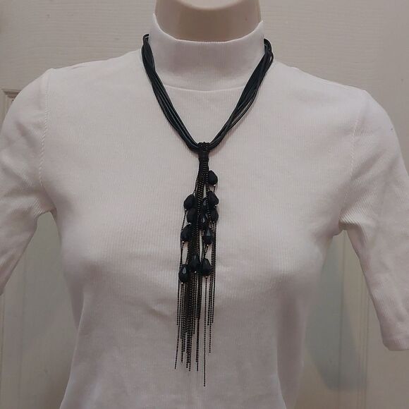Jewelry - Glass Beads Accent Tasseled Y Drop Necklace 7 Strands Woven Cord Statement